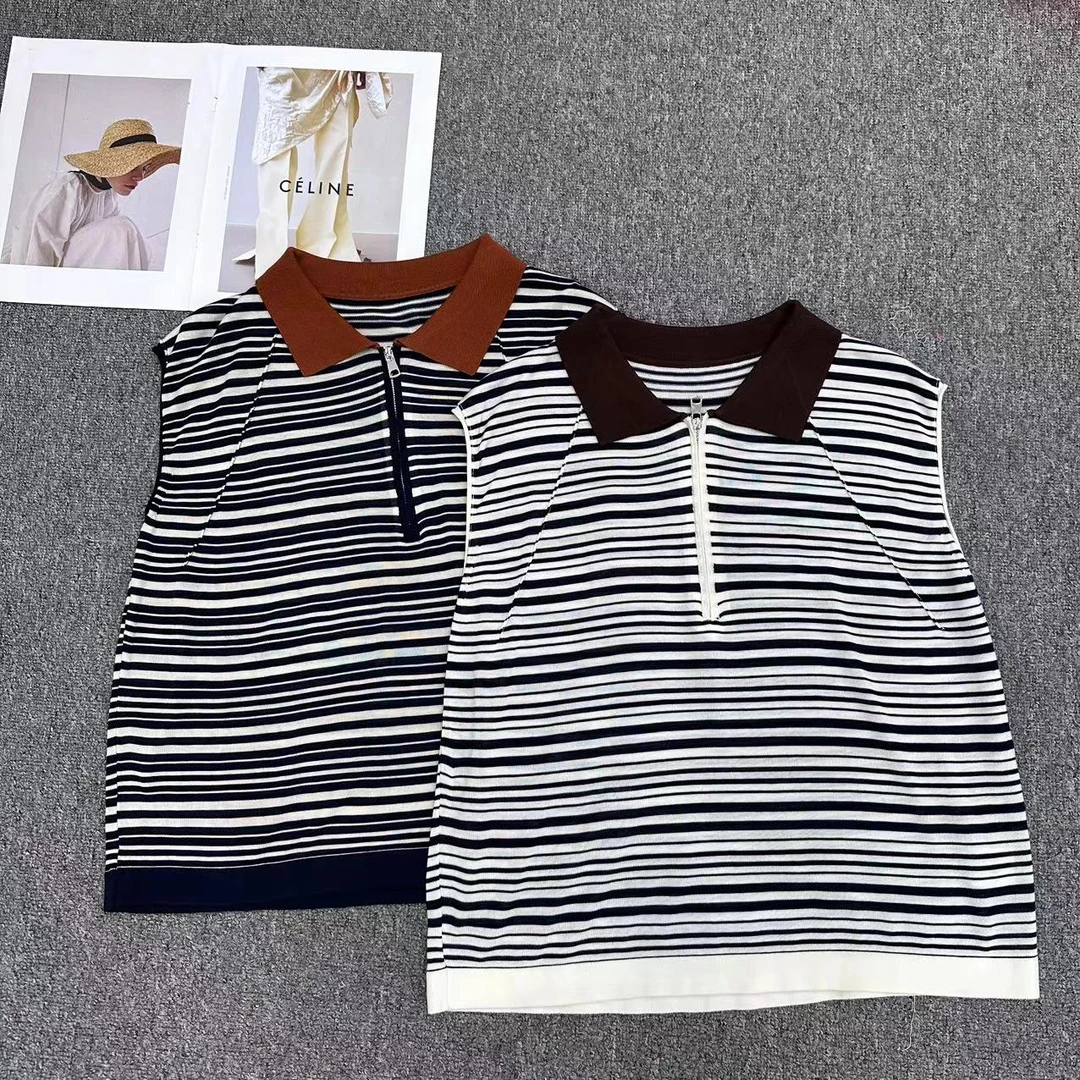 【周周家】6161濮院夏季绵羊毛POLO领套头无袖T恤条纹女士街头风