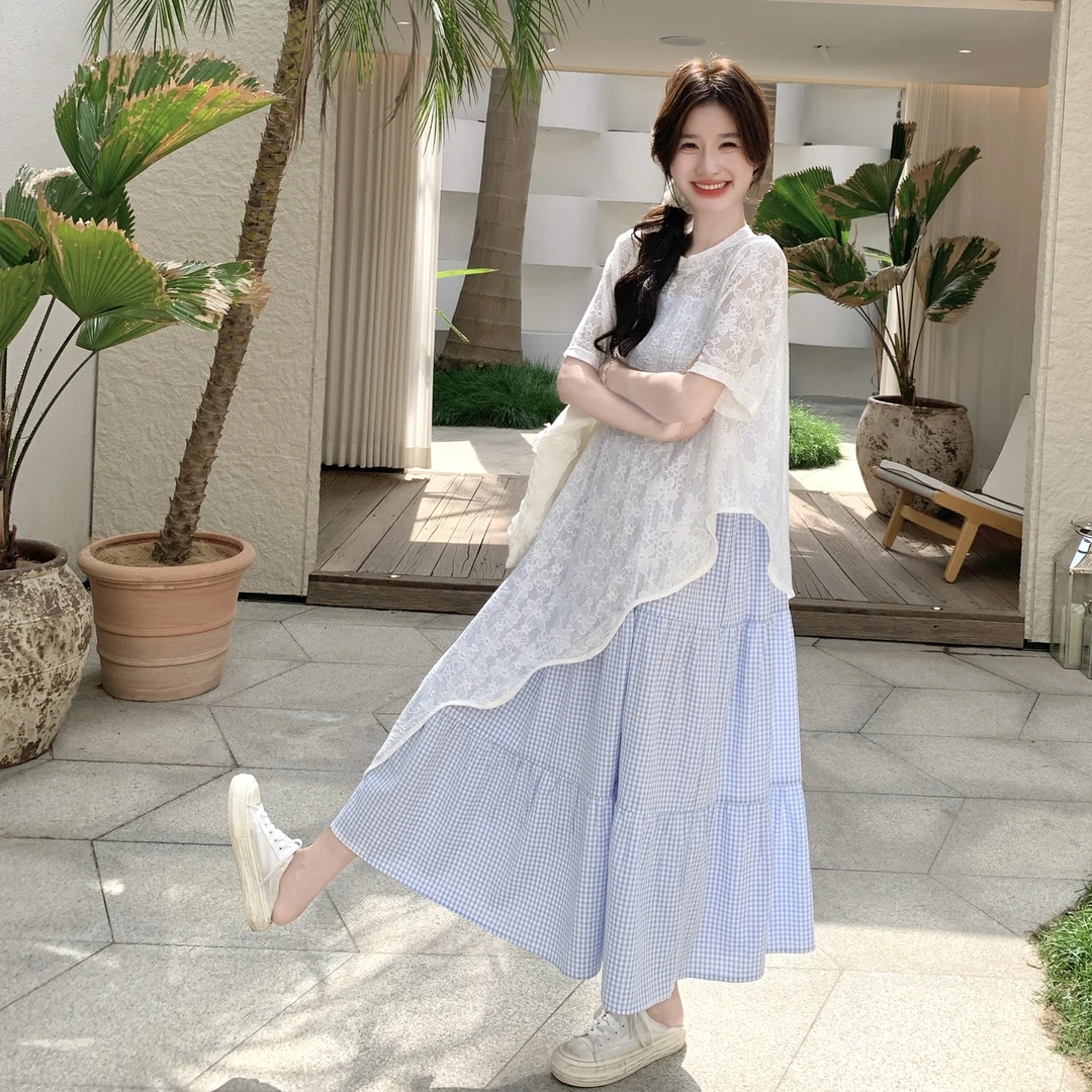蕾丝绣花罩衫格子吊带套装裙女2025夏季新款宽松显瘦高级感两件套