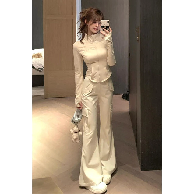 韩系慵懒休闲防晒衫冲锋衣外套春季新款设计感工装喇叭裤两件套女