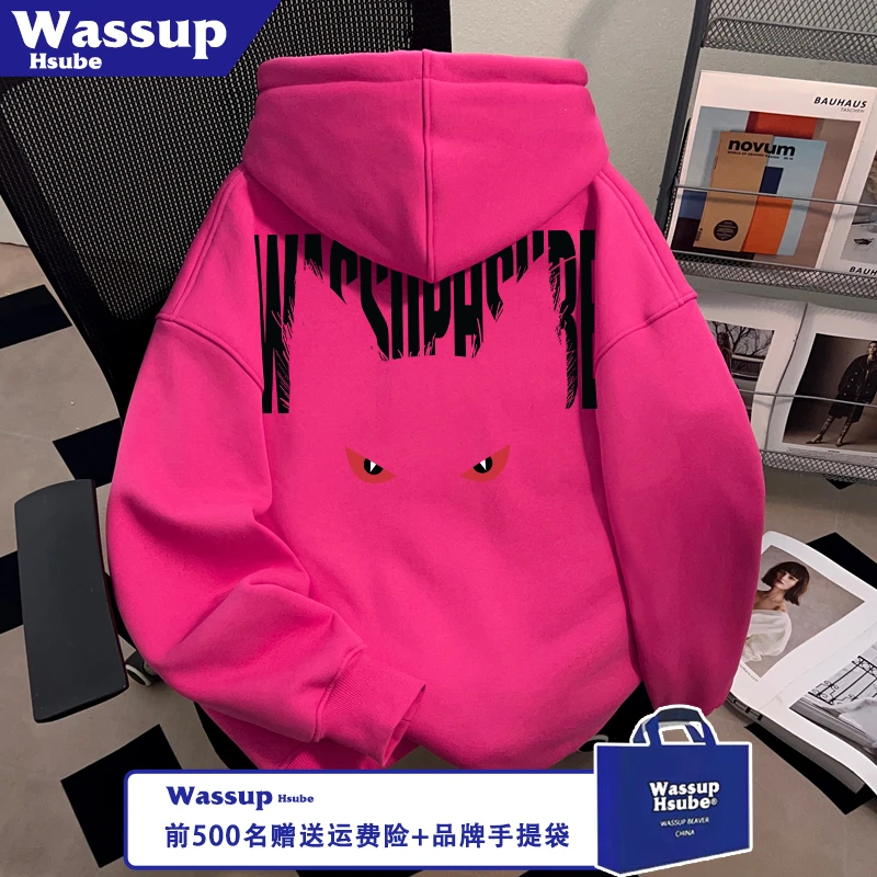 WASSUP HSUBE秋冬季男女新款连帽套头上衣炫酷猫咪印花火龙果卫衣