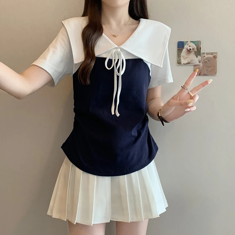 2025夏季新款胖mm大码翻领系带设计感短袖T恤女收腰遮肚显瘦上衣