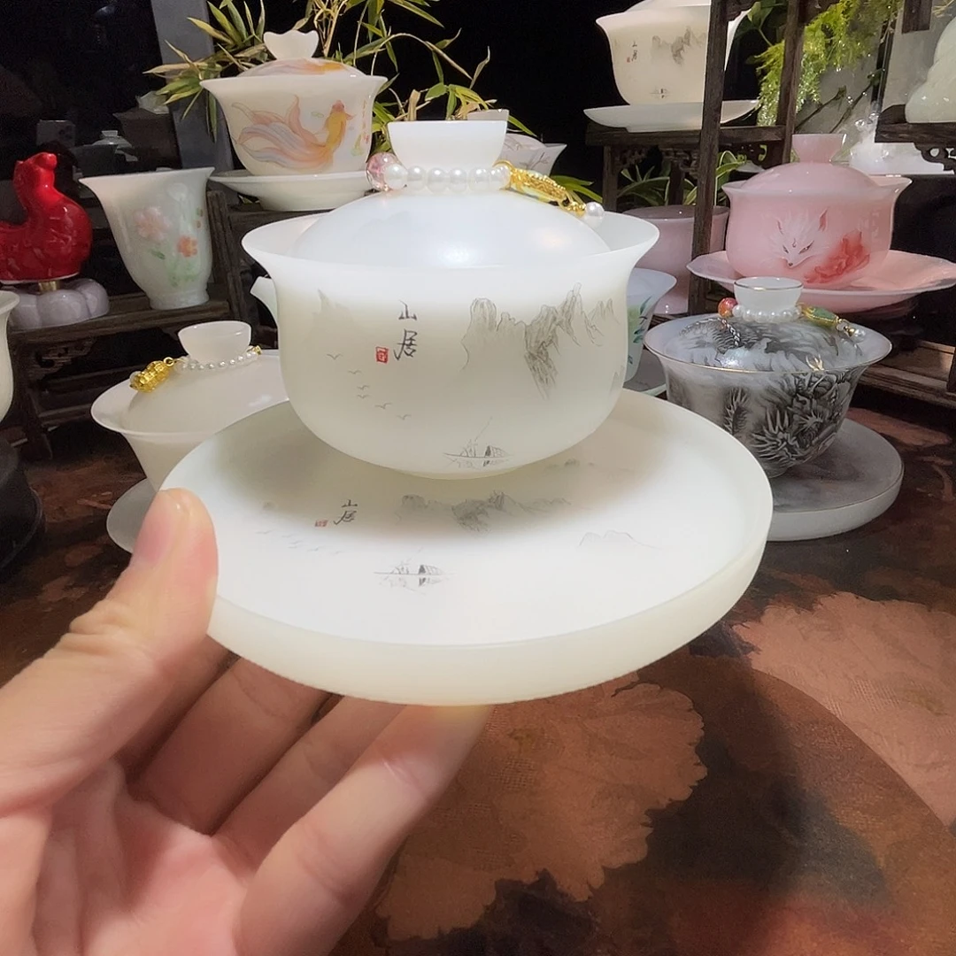 冰晶璞玉素烧水墨山居福袋盖碗➕壶承