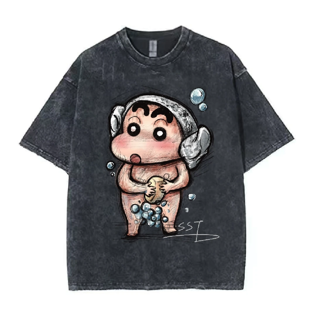 【SSTEE-洗澡小新】兽兽学姐洗水做旧纯棉手绘280克重磅水洗黑T恤