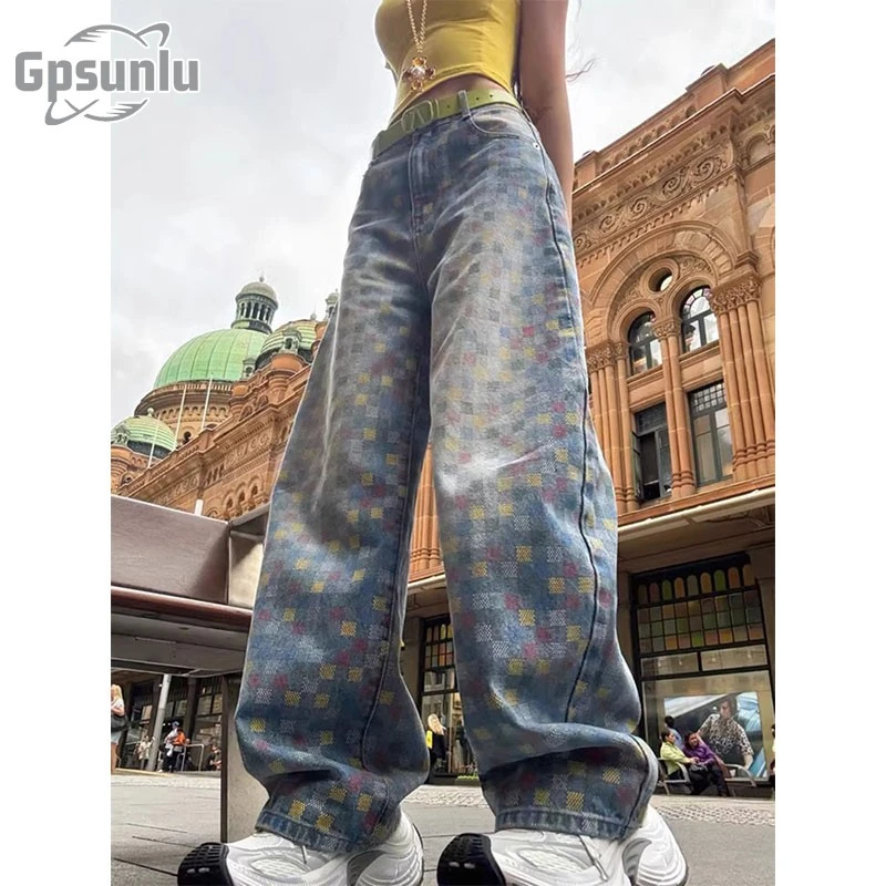 gpsunlu彩色棋盘格高街风复古阔腿牛仔裤女夏季宽白色牛仔阔腿裤