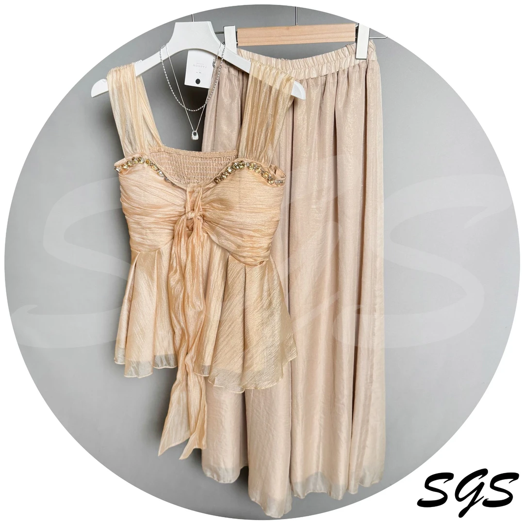 「SGS」重工水钻吊带小背心+珠光长裙套装女夏季法式蝴蝶结收腰
