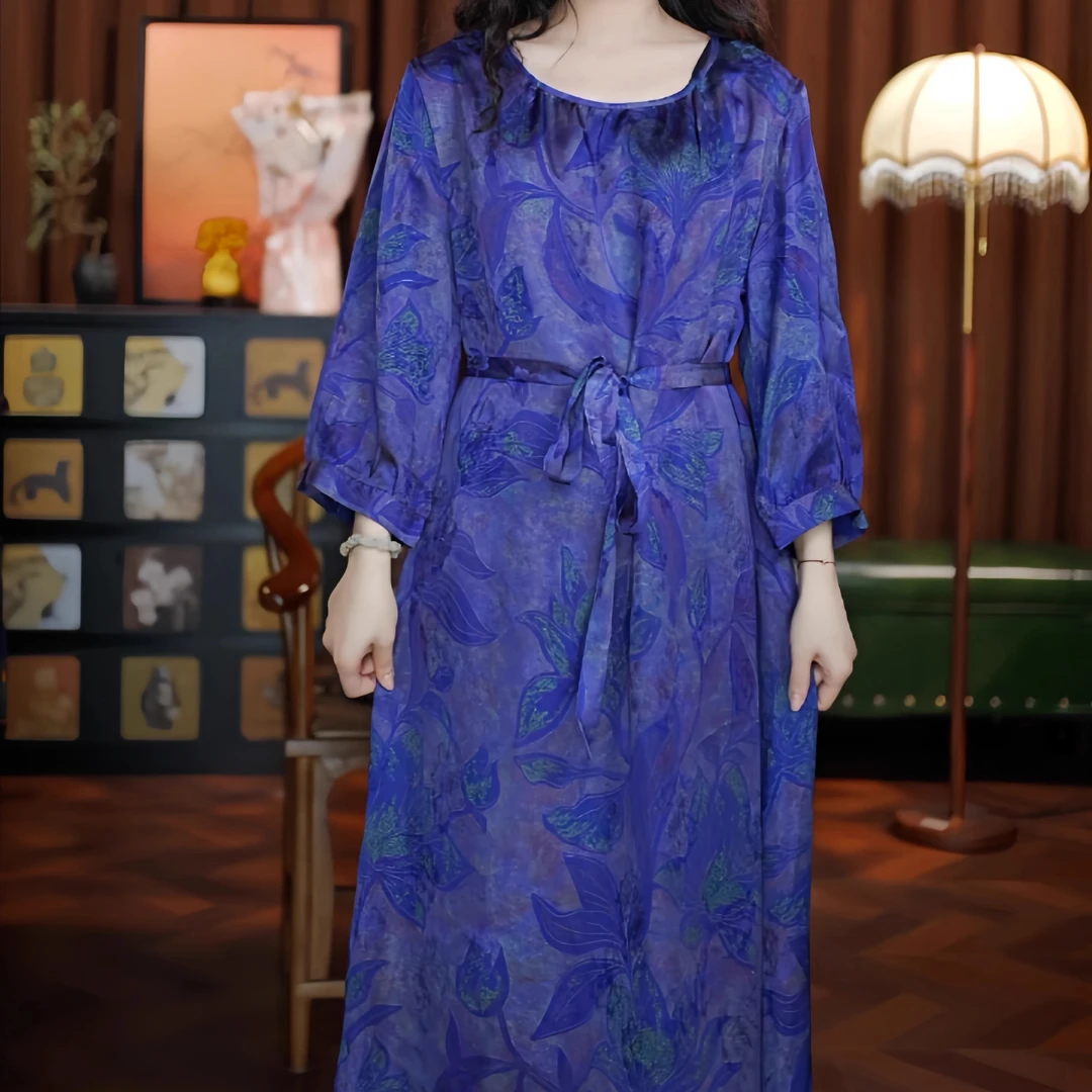 百花争艳（蓝色）双面双穿长袖老料圆领女装提花新款长裙连衣裙