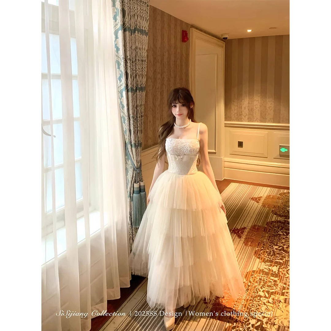 SISI JIANG"古董芭蕾"芭蕾风温柔气质连衣裙蝴蝶结网纱吊带蓬蓬裙