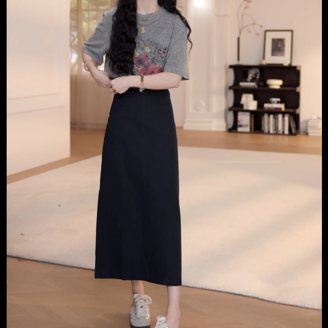 2025春夏新款高腰A字裙长款半身裙后开叉修身裙子LK2501339