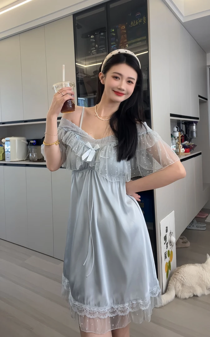 宽松纯色带胸垫睡裙通用连衣裙纯欲波点V领甜美