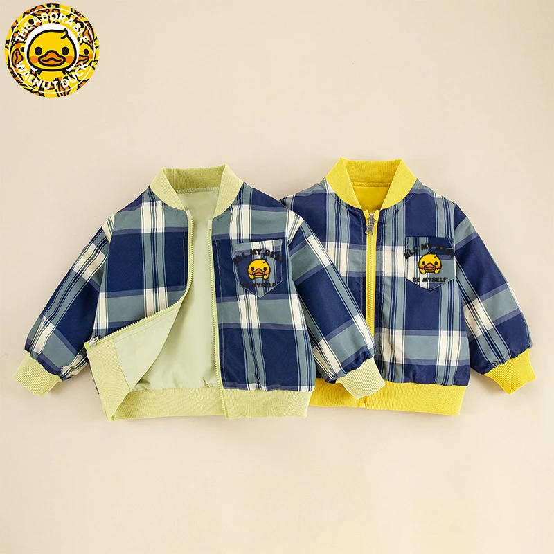 小黄鸭儿童春季时尚休闲潮流洋气双面两穿格子外套HTA03