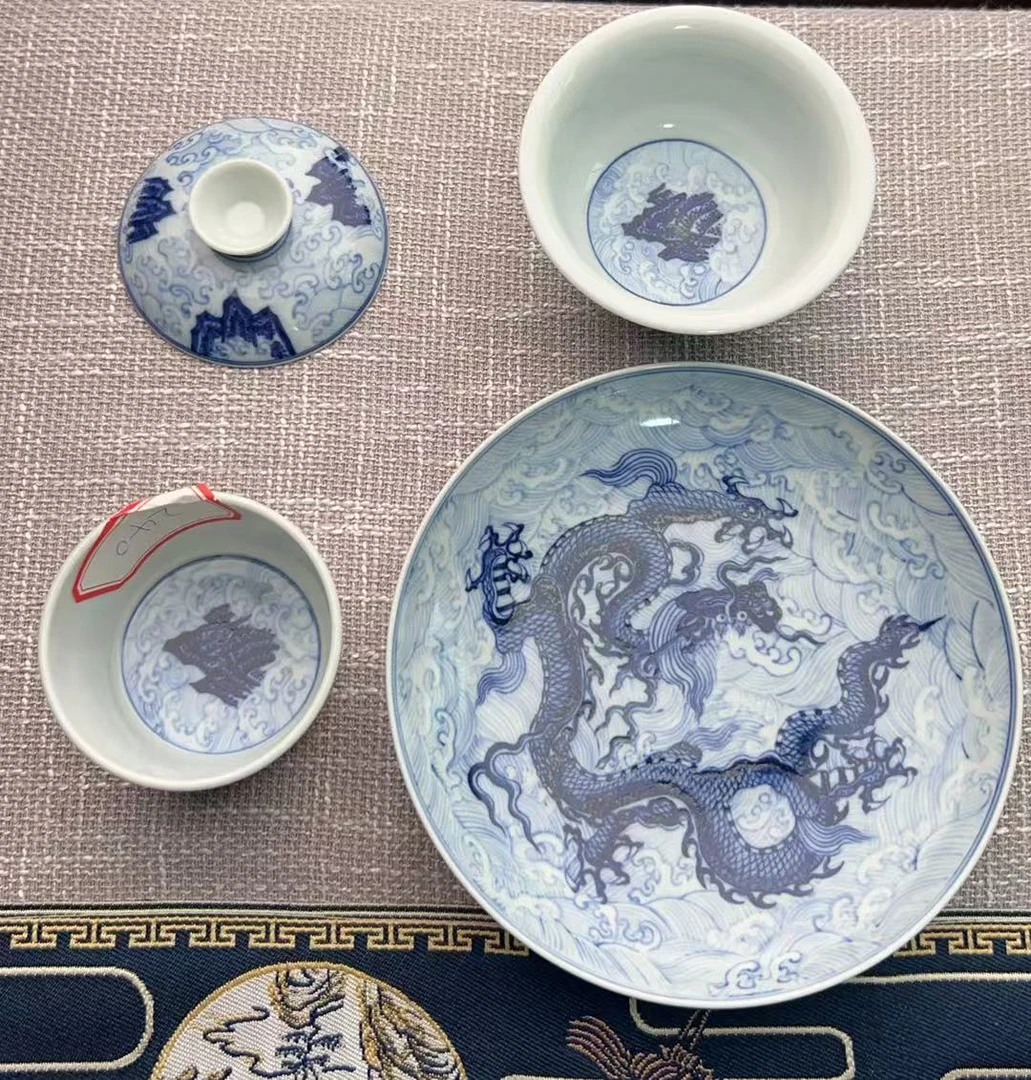 景德镇纯手工手绘青花茶具海水龙套组