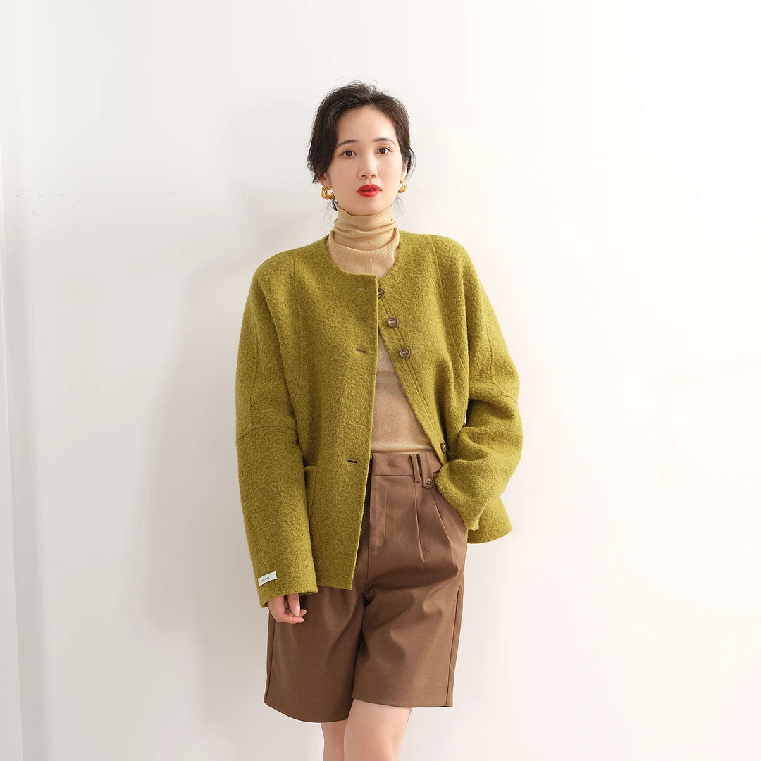 EKNR羊驼毛/绵羊毛强缩绒圈圈气质显白双面呢大衣女短款圆领外套