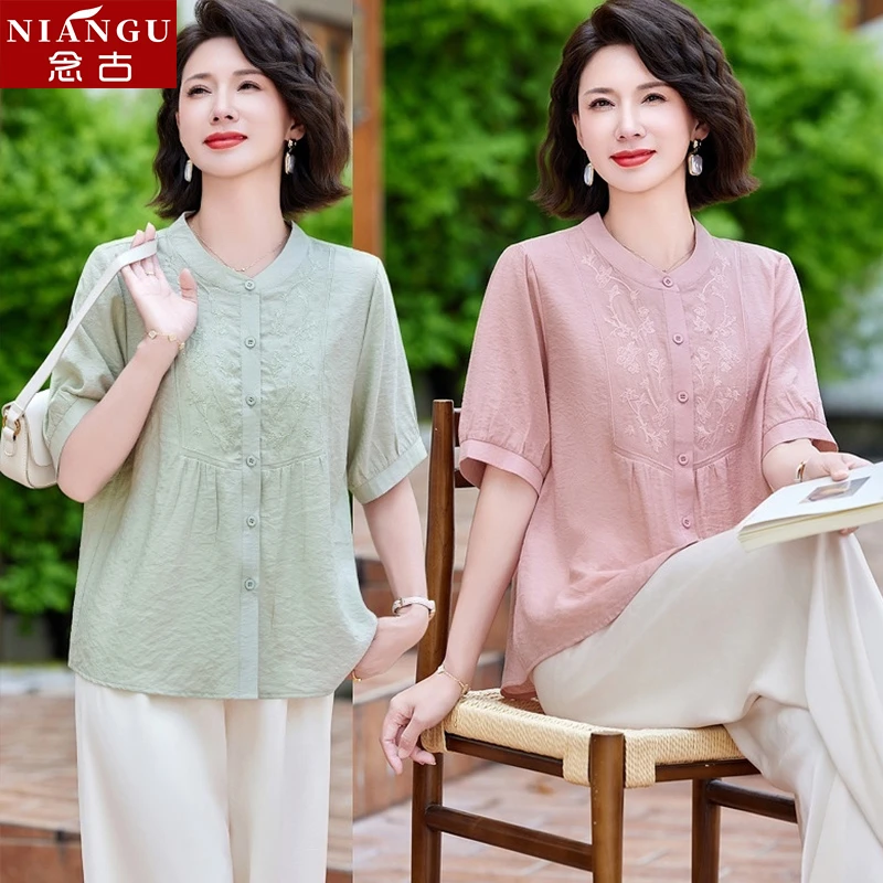 妈妈夏装短袖衣上衣小衫洋气2025新款中老年女装遮肚显瘦气质上衣
