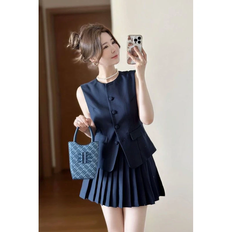 小香风无袖西装马甲套装裙女2025夏款高级感小个子百褶短裙两件套