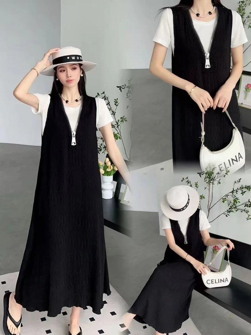 （红姐批发）大拉头压褶减肥闲瘦两件套连衣裙