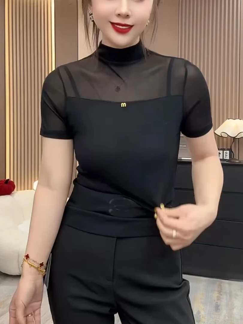 春季新款百搭网纱小标m拼接微透立领洋气修身显瘦半袖打底小衫