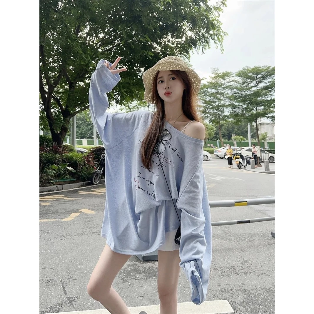 松弛感慵懒风薄款蓝色长袖T恤女装春秋防晒罩衫简约百搭宽松上衣