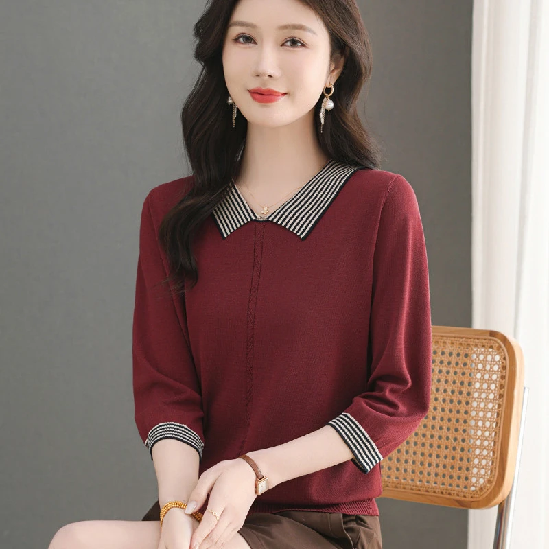 恒源祥彩羊洋气质中袖上衣女春夏2025年新款妈妈时尚翻领冰丝t恤