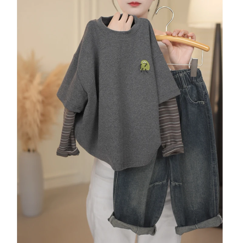 【商场同款】儿童百搭卫衣上衣灰调简约不简单条纹袖宽松小怪兽刺绣
