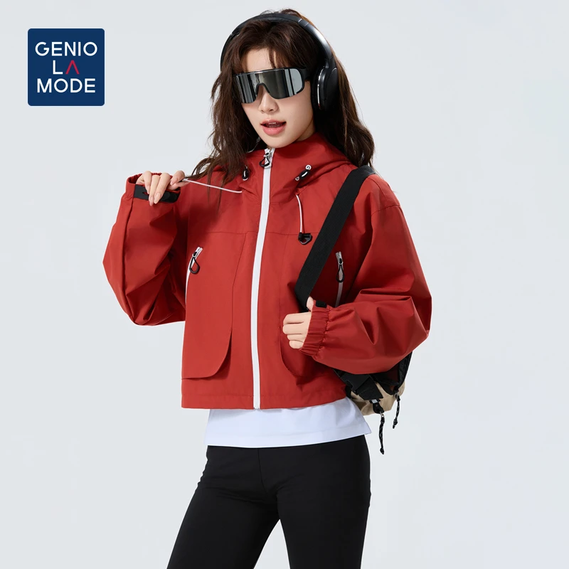 GENIO LAMODE冲锋外套男女情侣春季防风连帽工装夹克短款女登山服