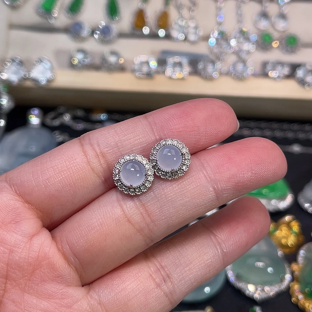 翡翠18K金镶嵌耳饰紫蛋