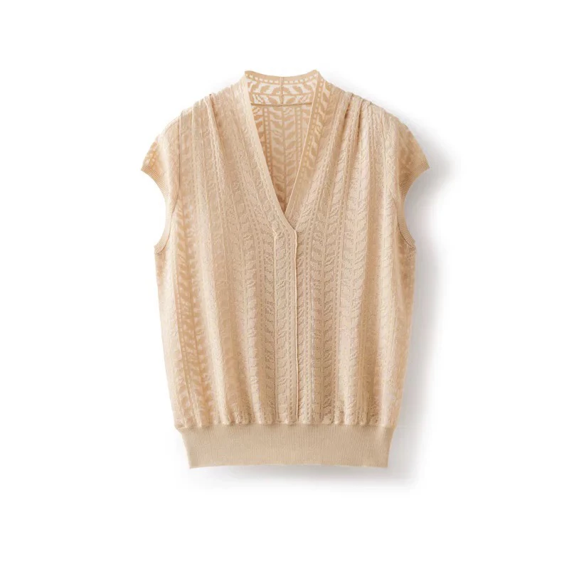 【清仓福利】含桑蚕丝气质短袖镂空针织衫T恤天（衣长55）