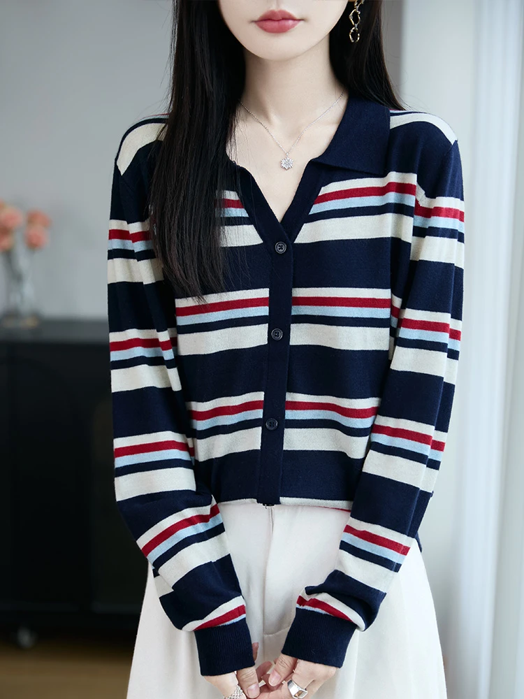 韩系细羊毛长袖开衫衣2025年秋装新款百搭V领条纹针织衫女装上衣