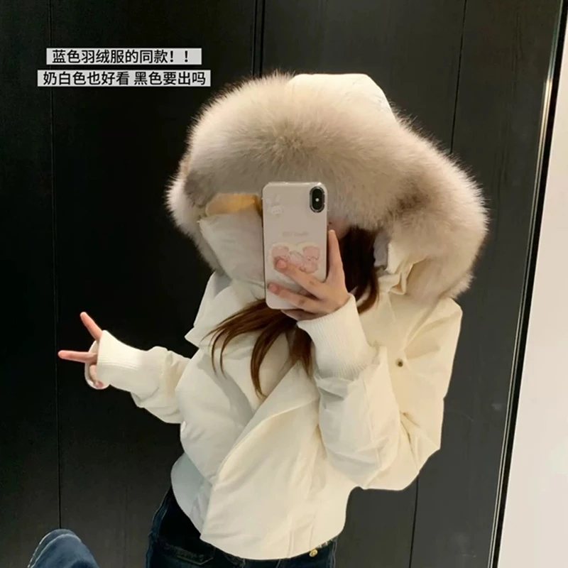 [冰岛时分]爆款小个子狐狸毛领白色短款羽绒服女冬季加厚连帽外套