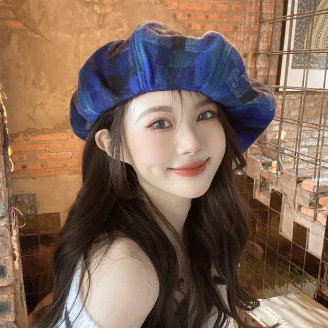 网红大版显白蓝色贝雷帽女秋冬季毛呢画家帽扎染时尚韩版云朵帽潮