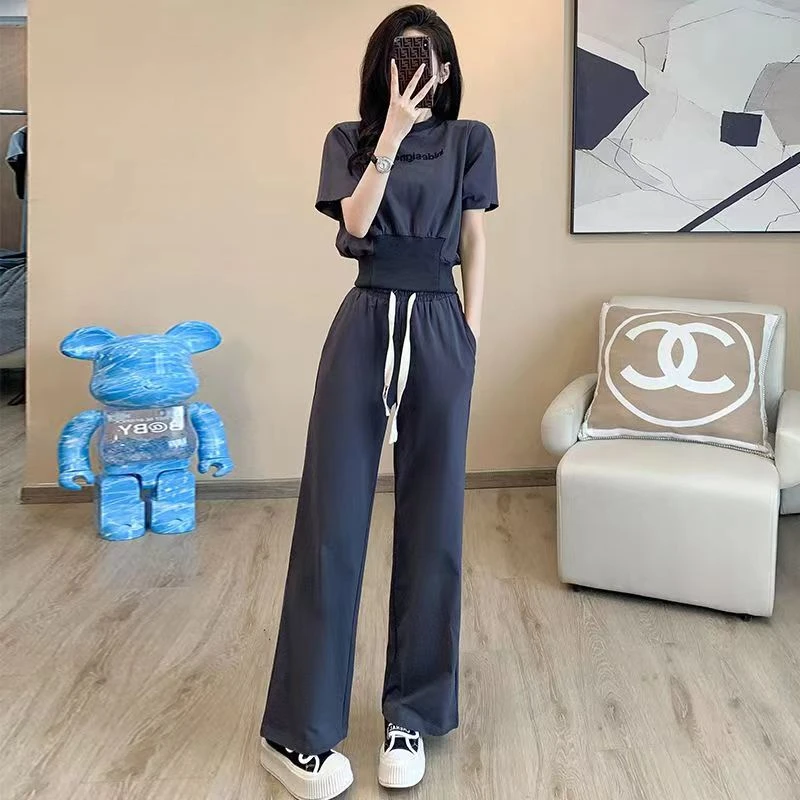 网红炸街运动休闲套装女2025夏宽松显瘦时尚减龄短袖阔腿裤两件套