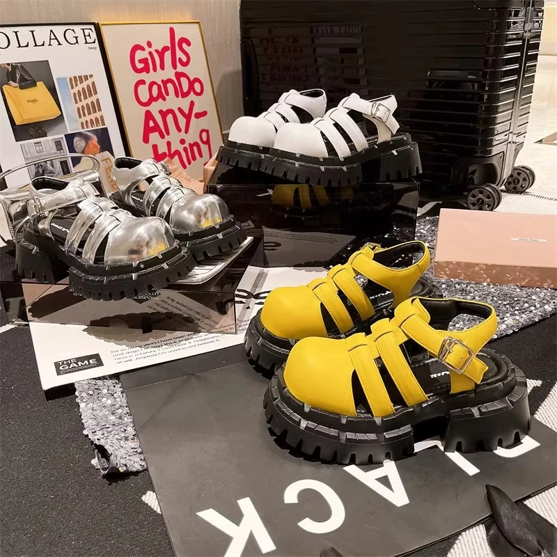 欧货真皮松糕厚底罗马凉鞋女2025夏季新款休闲百搭包头镂空妮