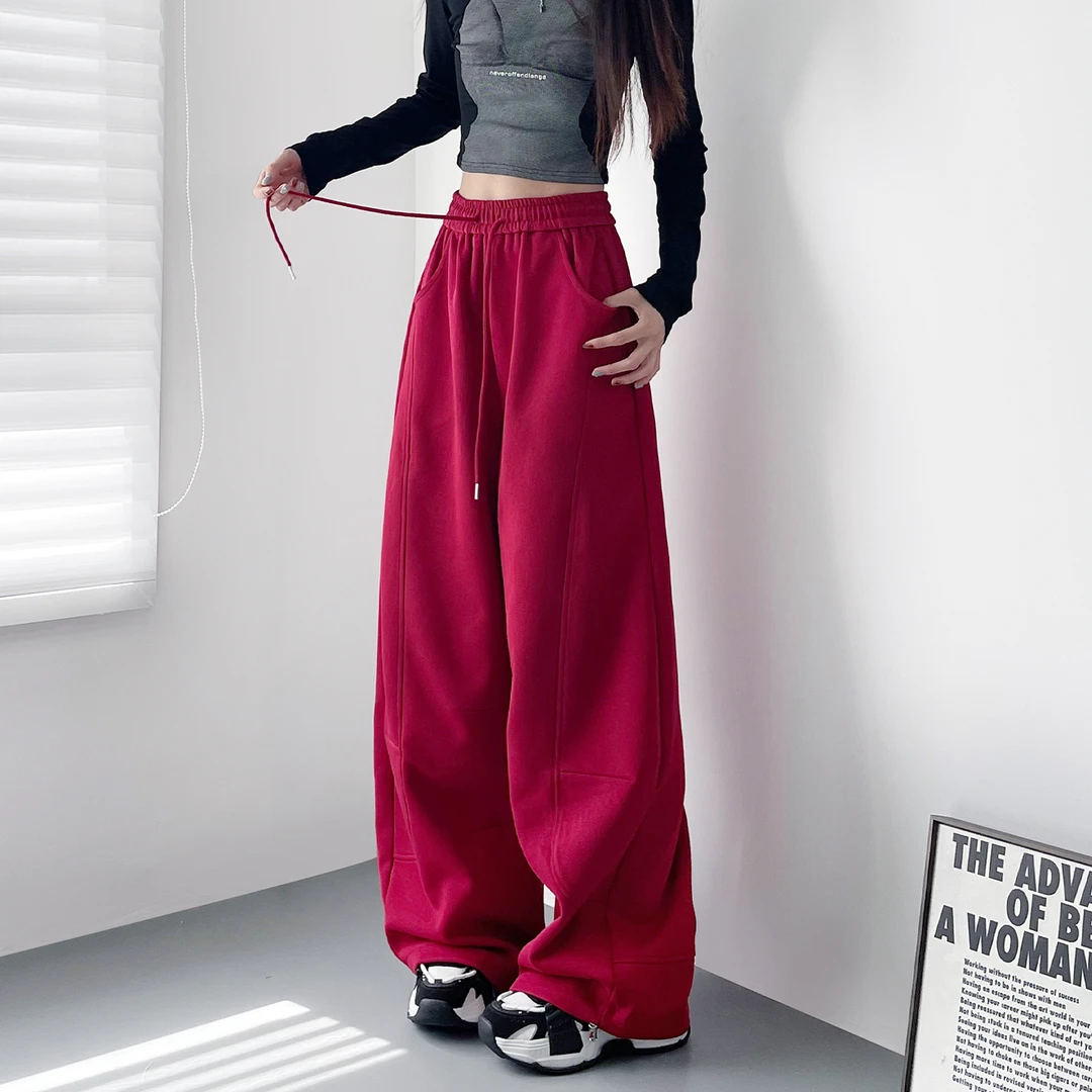 美式高腰抽绳运动休闲裤女2025秋季新款大码胖mm显瘦宽松阔腿裤子