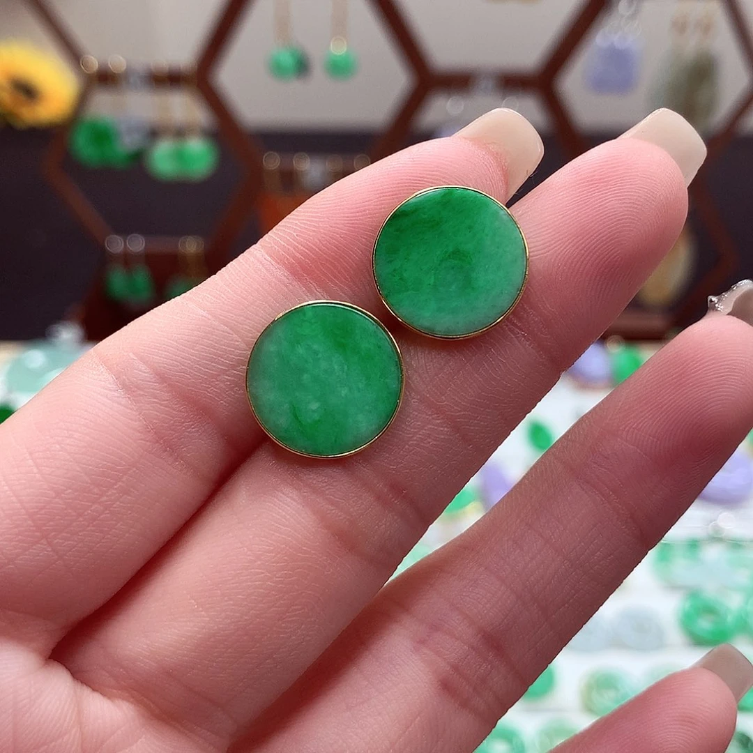 翡翠耳饰18K金镶嵌天然翡翠