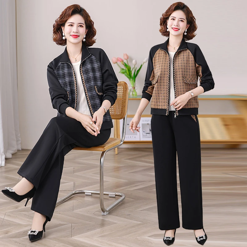 妈妈春季休闲格子时尚套装长袖夹克上衣中老年妇女春秋运动两件套