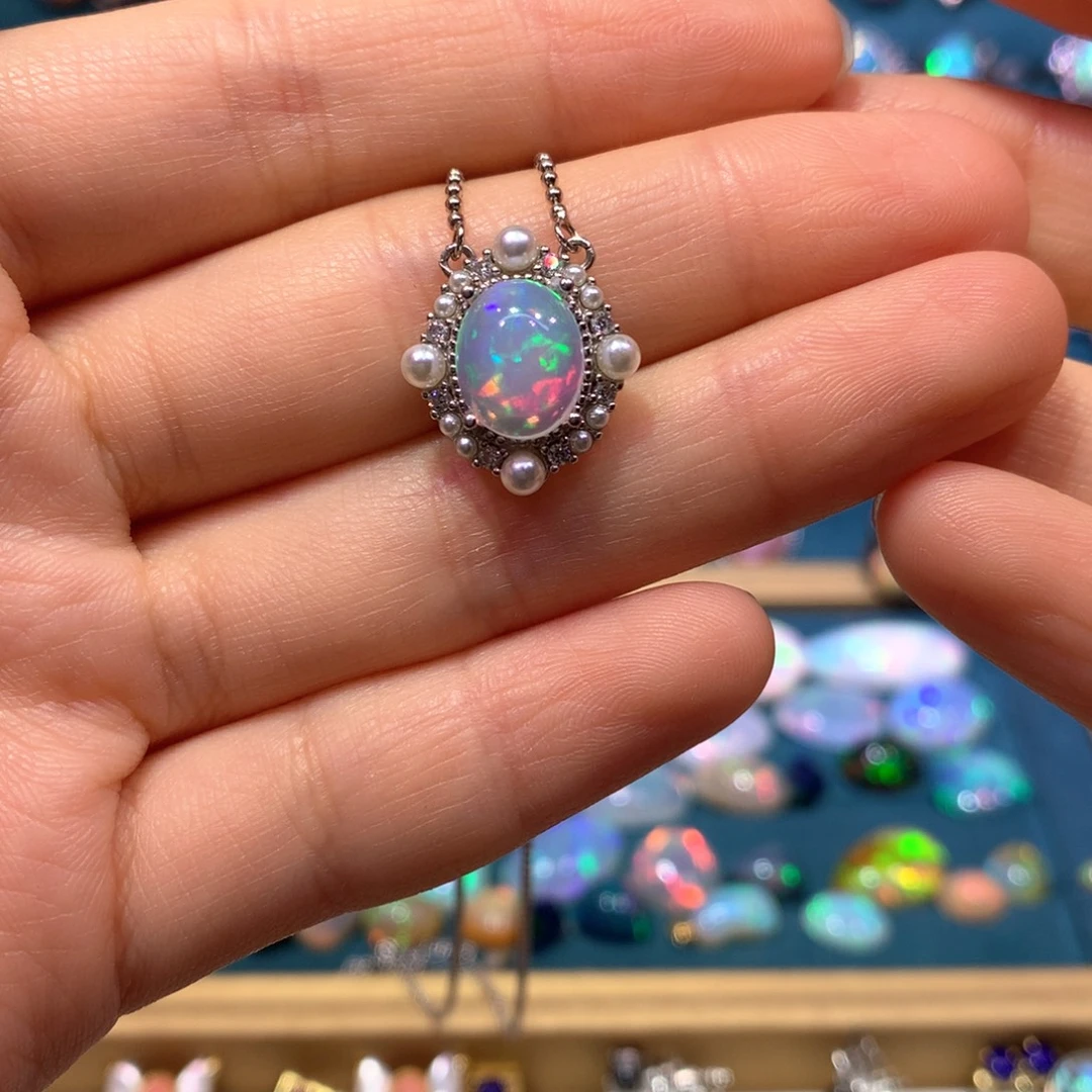 银S925镶嵌欧泊项链裸石镶嵌