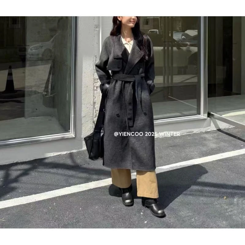 9872号2616#秋冬韩系翻领时尚搭片设计双口袋大衣（配腰带）（预）