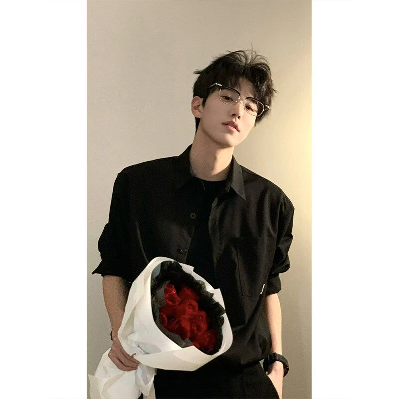 斯文败类男装黑色衬衫男高级感痞帅西装内搭长袖衬衣cleanfit外套