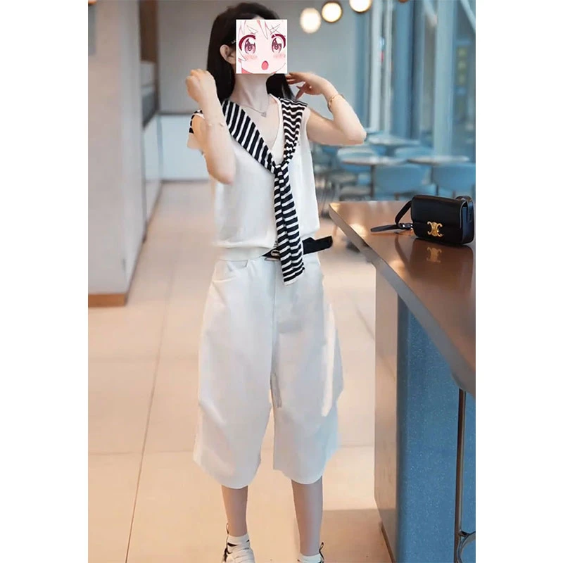 时尚短款文艺显瘦条纹披肩无袖针织开衫百搭中裤2025年夏季三件套