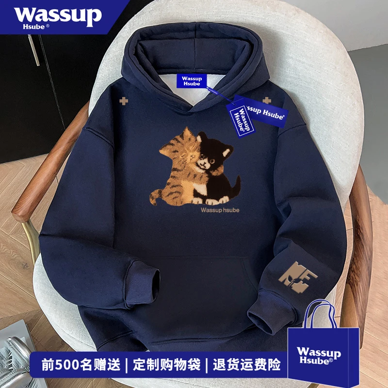 WASSUP HSUBE趣味小奶猫印花连帽卫衣男女秋冬季慵懒风情侣装上衣