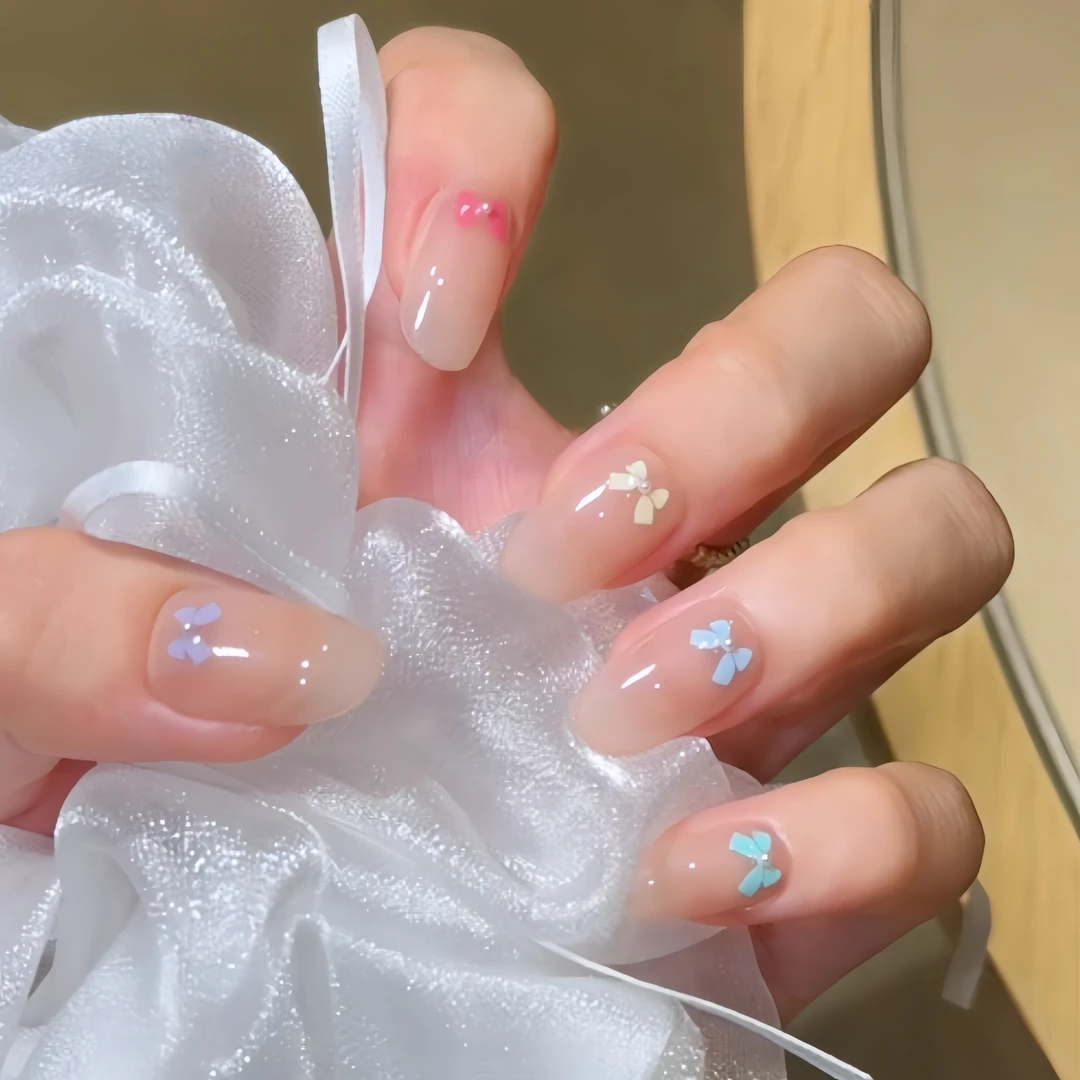 Rola nora 【初恋日记】纯手工穿戴甲 裸色手绘蝴蝶结 温柔显白气质