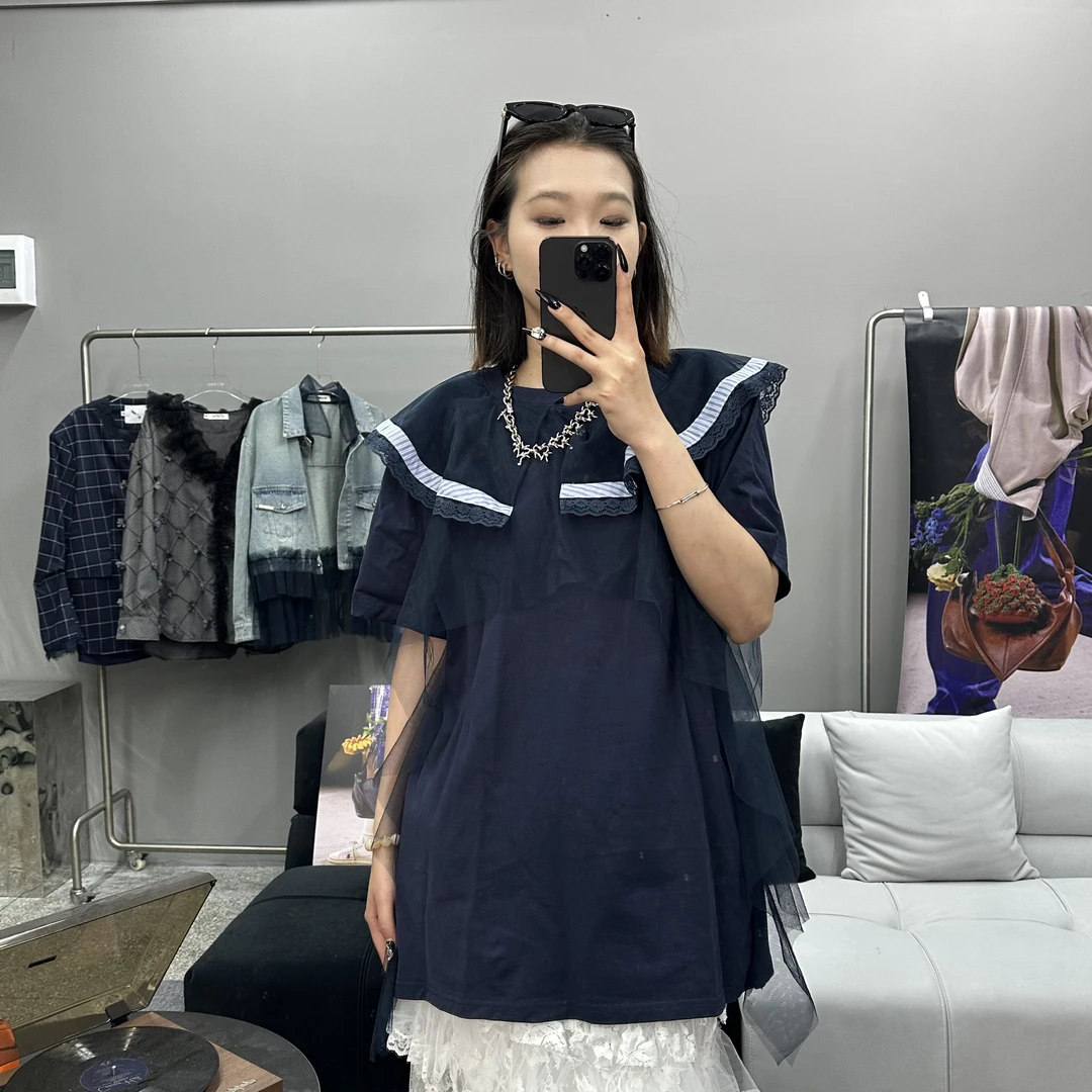 【流光梦境】小众设计师感轻奢风2025夏季新款蕾丝网纱拼接T恤3269