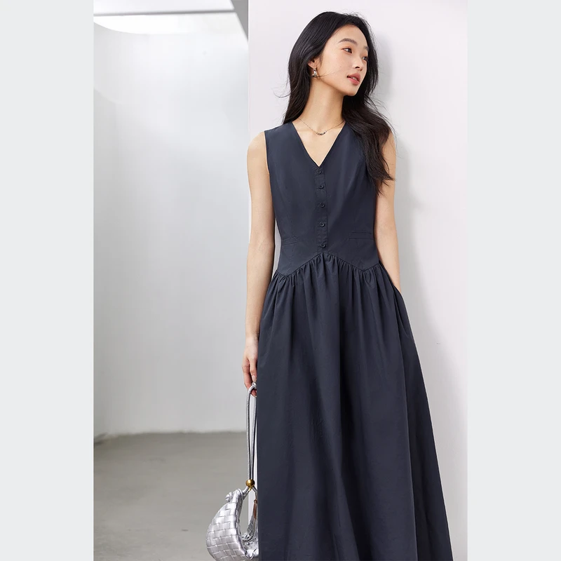 *老钱风V领无袖收腰连衣裙女2025年夏季新款松驰感宽松长裙M9761