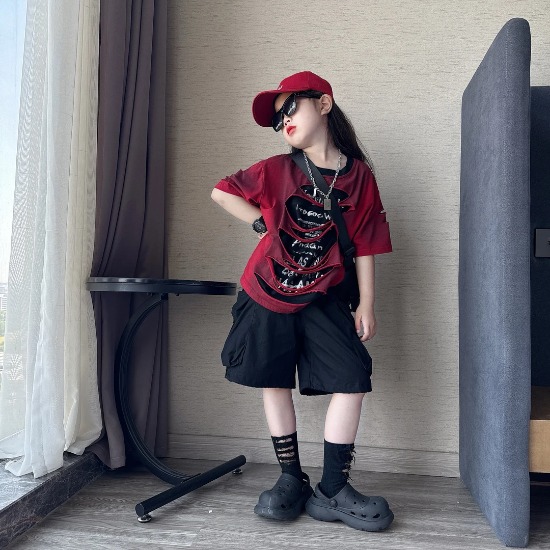 男女童夏季潮酷嘻哈街舞表演服儿童时尚个性破洞潮T恤工装中裤潮