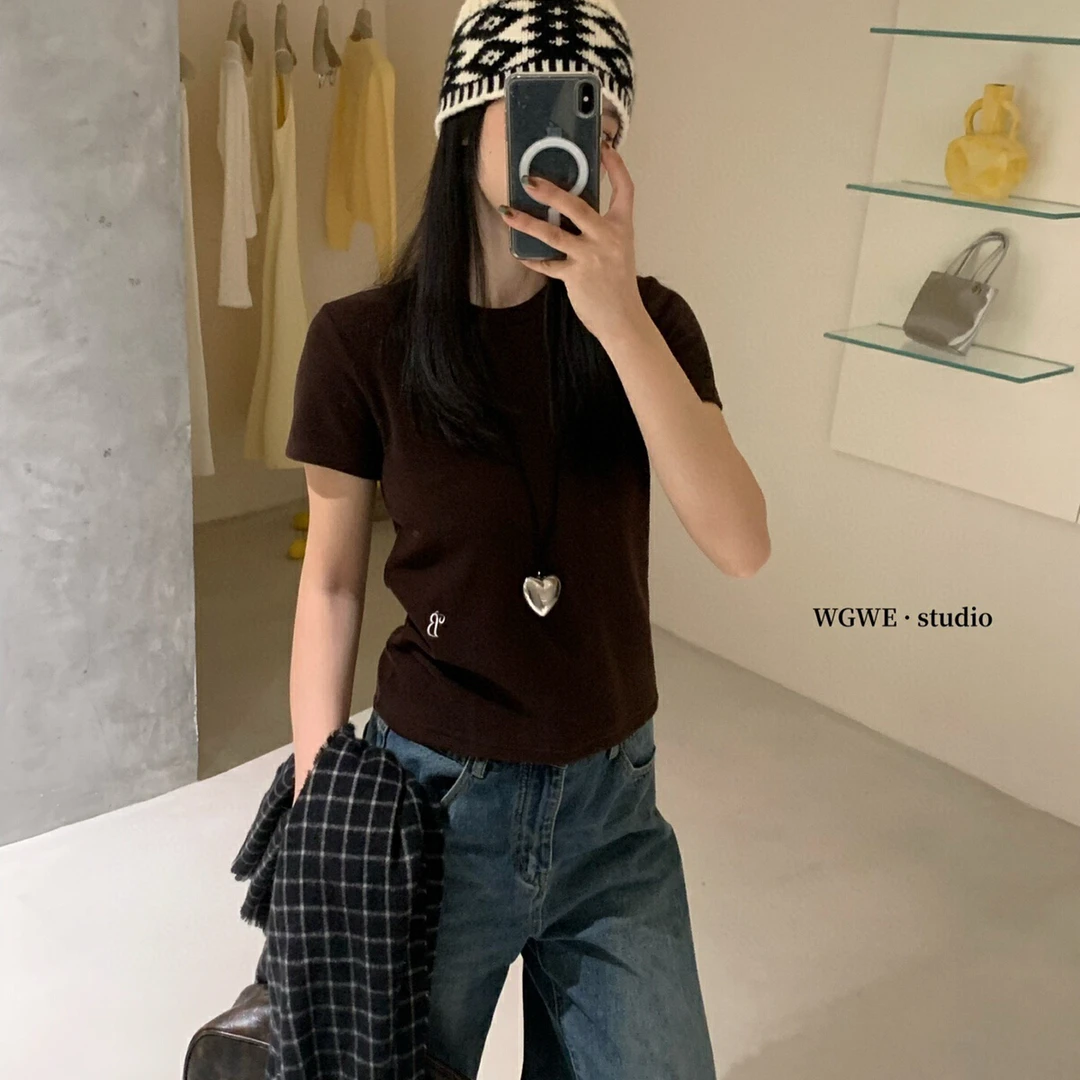 韩系基础百搭纯色打底衫刺绣磨毛短袖T恤  W3229#  L