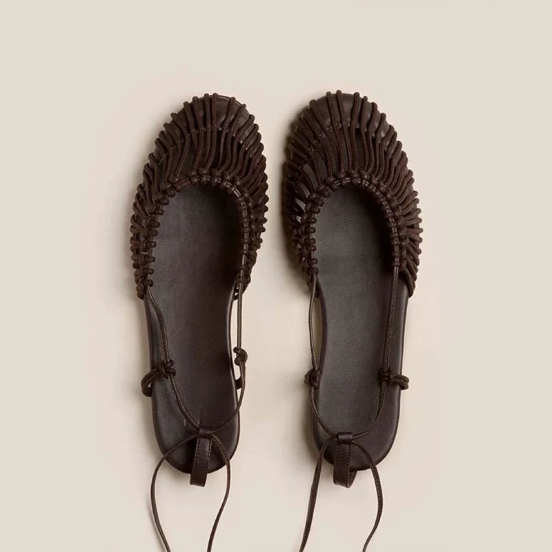 羊皮版手工编织复古包头凉鞋女夏平底脚环绑带显白真皮罗马女鞋