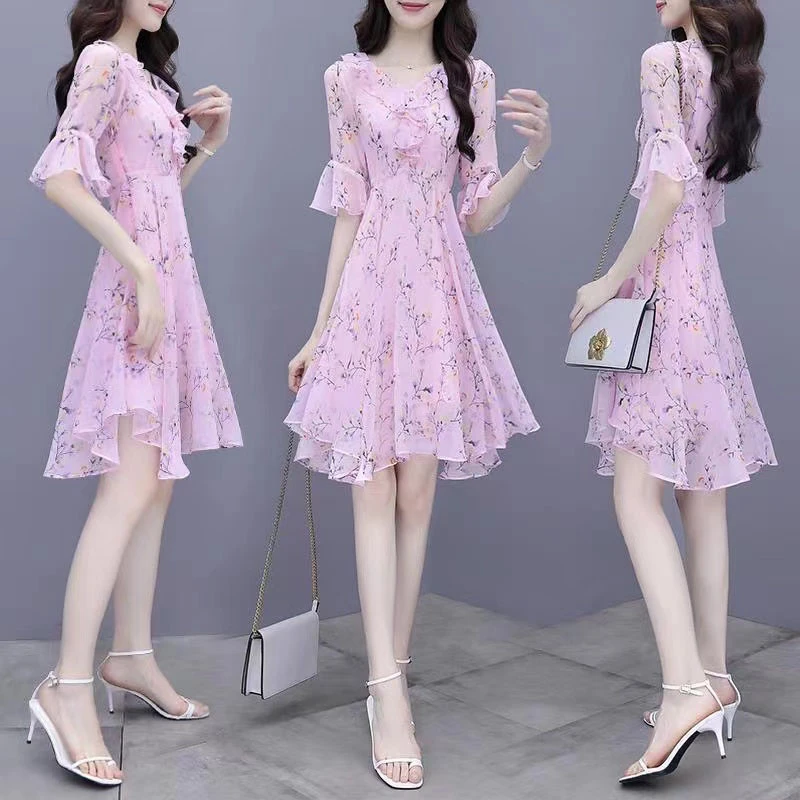 夏季时尚收腰显瘦喇叭袖碎花减龄中长款雪纺连衣裙裙子女款新款