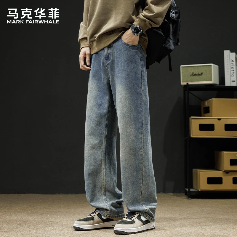 马克华菲美式复古牛仔裤男士2025秋季新款潮牌宽松直筒阔腿长裤子