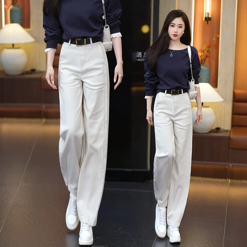 莫兰迪灰牛仔裤女春季新款阔腿裤高腰垂感宽松直筒休闲百搭弯刀裤