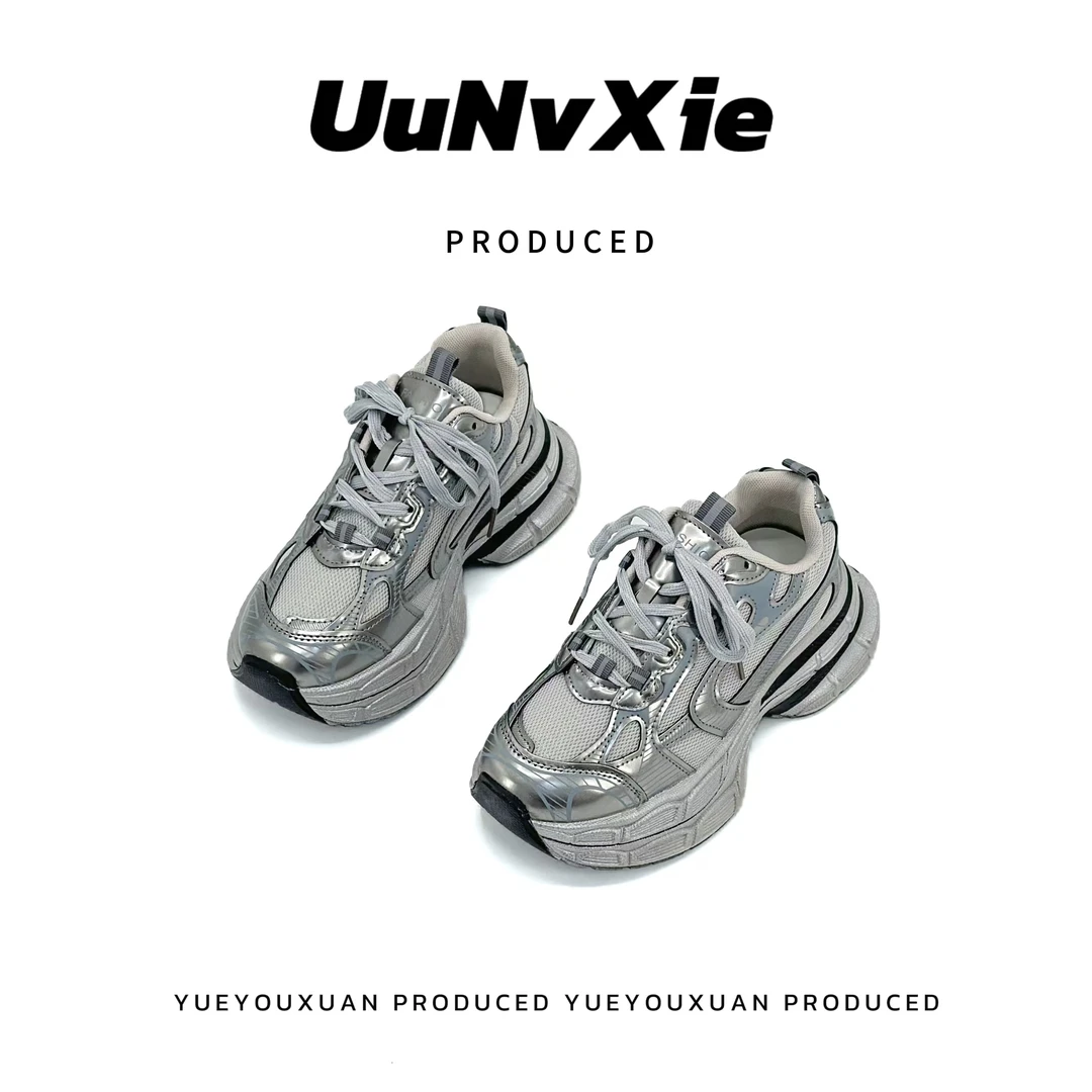 爆款银色厚底显脚小老爹鞋女2025春季新款透气网鞋小个子增高运动