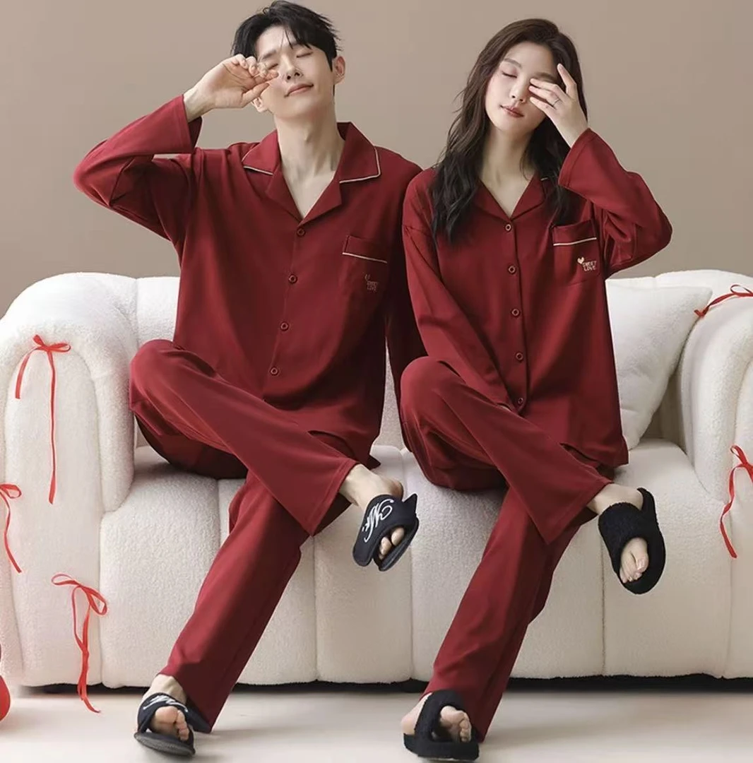 大码加肥300斤结婚红色情侣睡衣春秋冬季男女长袖纯棉本命年套装